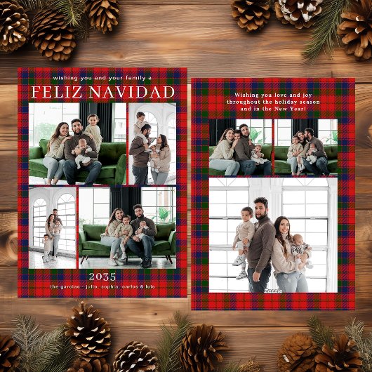 Feliz Navidad Multi Foto Rode Geruite Kerstkaart