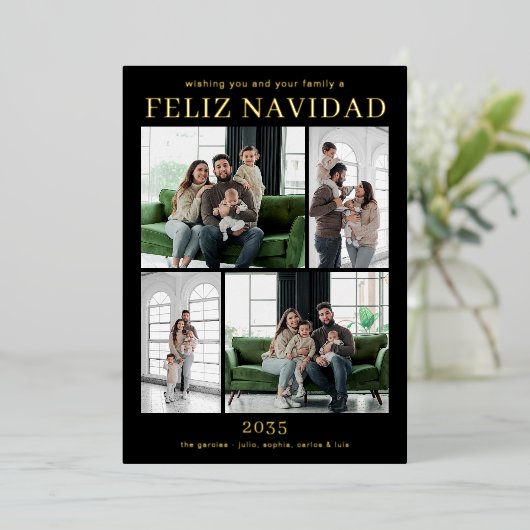 Feliz Navidad Multi Photo Gold Folie Feestdagenkaart (Staand Voorkant)