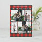 Feliz Navidad Multi Photo Red Buffalo Plaid Feestdagenkaart (Staand voorkant)