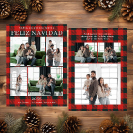 Feliz Navidad Multi Photo Red Buffalo Plaid Feestdagenkaart