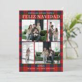 Feliz Navidad Multi Photo Red Plaid Holiday Card Feestdagenkaart (Staand voorkant)
