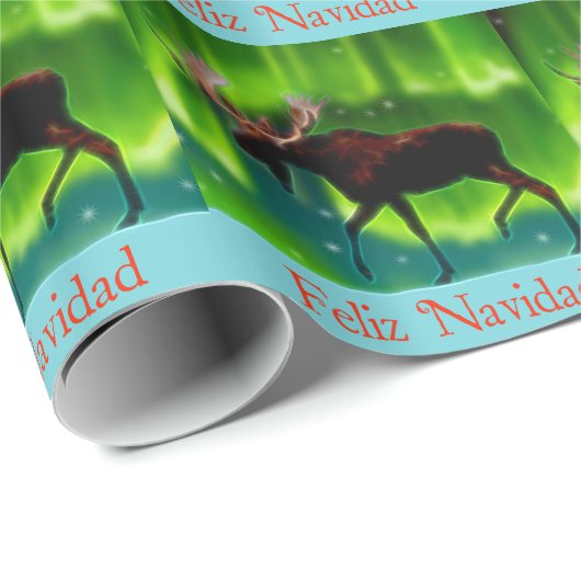 Feliz Navidad - Northern Lights Moose Cadeaupapier (Rol Hoek)