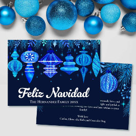 Feliz Navidad Ornamenten Navy Blue Waterverf Feestdagenkaart