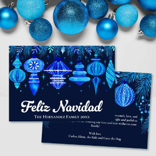 Feliz Navidad Ornamenten Navy Blue Waterverf Feestdagenkaart