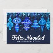 Feliz Navidad Ornamenten Navy Blue Waterverf Feestdagenkaart (Voorkant)
