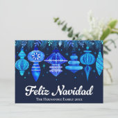 Feliz Navidad Ornamenten Navy Blue Waterverf Feestdagenkaart (Staand voorkant)