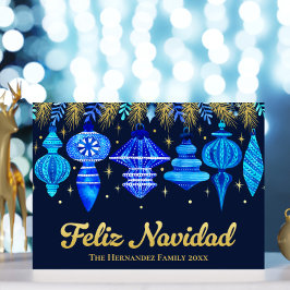 Feliz Navidad Ornamenten Navy Blue Waterverf Folie Feestdagenkaart