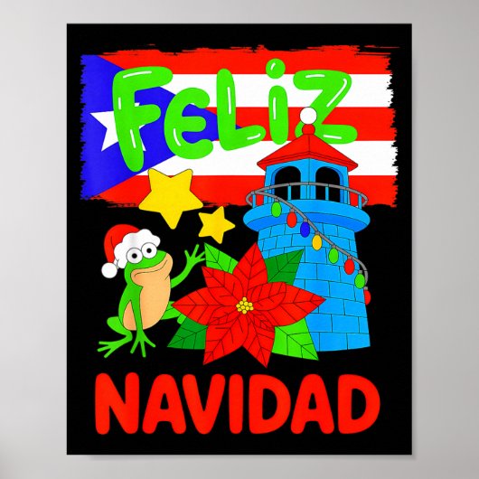 Feliz Navidad Puerto Rico Flag Floral Frog Boricua Poster (Voorkant)