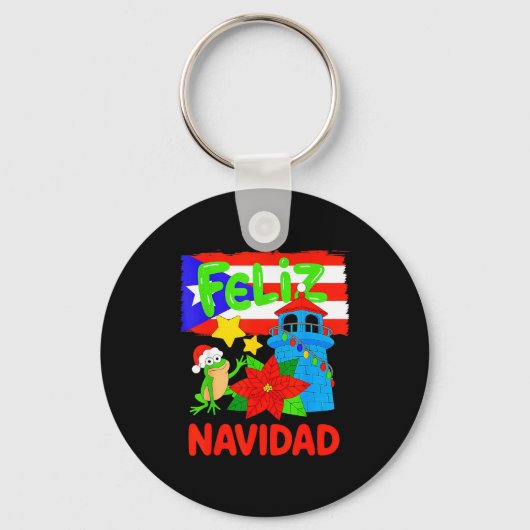 Feliz Navidad Puerto Rico Flag Floral Frog Boricua Sleutelhanger (Voorkant)