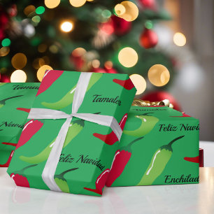 Feliz Navidad Red Chili en Green Kerstcadeau Cadeaupapier