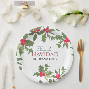 Feliz Navidad Red Holly Berries kerstdiner Papieren Bordje