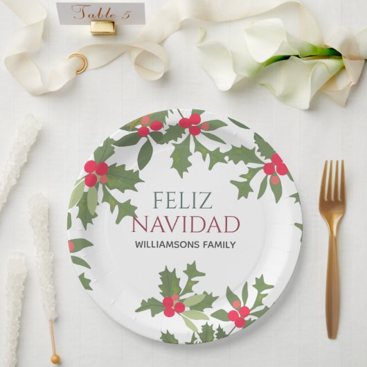 Feliz Navidad Red Holly Berries kerstdiner Papieren Bordje (Huwelijk)