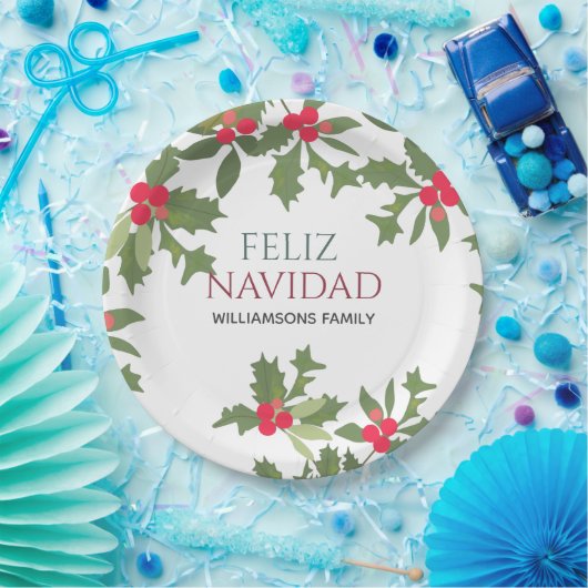 Feliz Navidad Red Holly Berries kerstdiner Papieren Bordje (Feest)