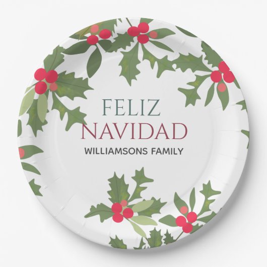 Feliz Navidad Red Holly Berries kerstdiner Papieren Bordje (Voorkant)