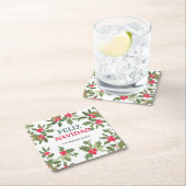 Feliz Navidad Red Holly Berries Kerstkerst Kartonnen Onderzetters (Insitu)