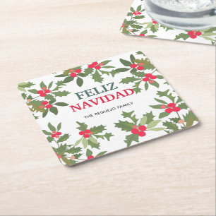 Feliz Navidad Red Holly Berries Kerstkerst Kartonnen Onderzetters