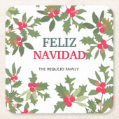 Feliz Navidad Red Holly Berries Kerstkerst Kartonnen Onderzetters (Voorkant)