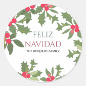 Feliz Navidad Red Holly Berries Kerstkerst Ronde Sticker (Voorkant)