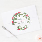 Feliz Navidad Red Holly Berries Kerstkerst Ronde Sticker (Envelop)
