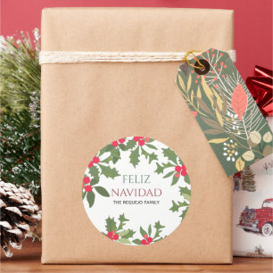 Feliz Navidad Red Holly Berries Kerstkerst Ronde Sticker