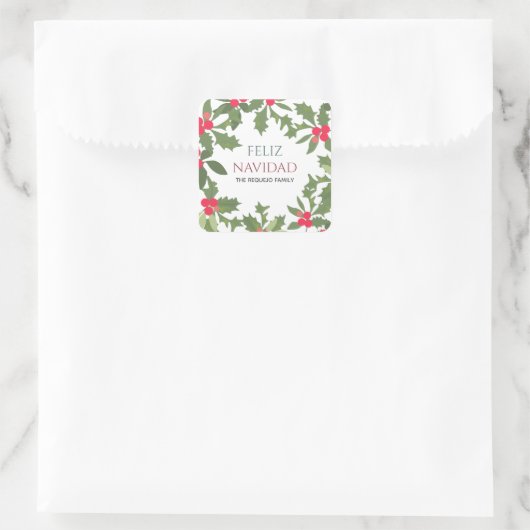 Feliz Navidad Red Holly Berries Kerstkerst Vierkante Sticker (Tas)