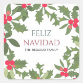 Feliz Navidad Red Holly Berries Kerstkerst Vierkante Sticker (Voorkant)