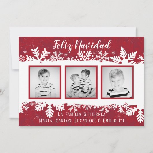 Feliz Navidad | Red Snowflake 3 Foto Rojo Feestdagenkaart (Voorkant)