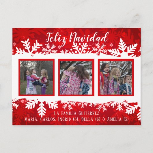 Feliz Navidad Red Snowflake 3 Foto's Briefkaart (Voorkant)