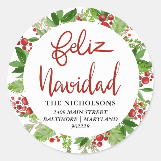 Feliz Navidad Red Waterverf Holly Wreath Ronde Sticker (Voorkant)