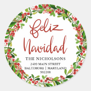 Feliz Navidad Red Waterverf Holly Wreath Ronde Sticker