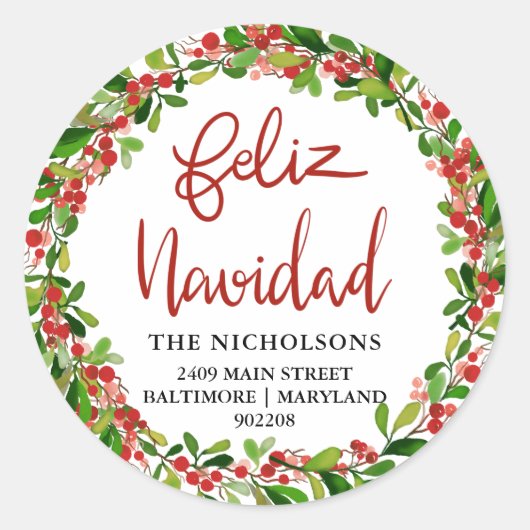 Feliz Navidad Red Waterverf Holly Wreath Ronde Sticker (Voorkant)
