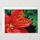 Feliz Navidad - Rode Poinsettia en Fir Bow Feestdagenkaart (Voorkant / Achterkant)