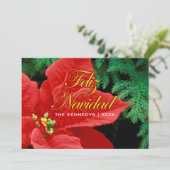 Feliz Navidad - Rode Poinsettia en Fir Bow Feestdagenkaart (Staand voorkant)