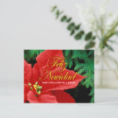 Feliz Navidad - Rode Poinsettia en Fir Bow Feestdagenkaart (Staand voorkant)