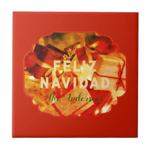 Feliz Navidad Rood Goud Groen Familienaam Elegant Tegeltje