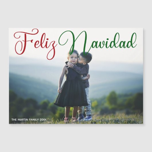 Feliz Navidad Rood Groen Script Kinder Fotomagneet (Voorkant)