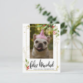 Feliz Navidad| Script Photo Gold Berry Holly Feestdagenkaart (Staand voorkant)