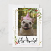 Feliz Navidad| Script Photo Gold Berry Holly Feestdagenkaart (Voorkant)