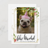 Feliz Navidad| Script Photo Gold Berry Holly Feestdagenkaart (Voorkant / Achterkant)