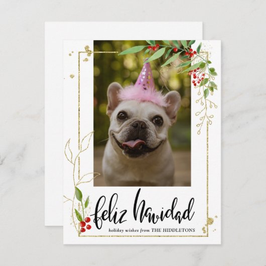 Feliz Navidad| Script Photo Gold Berry Holly Feestdagenkaart (Voorkant / Achterkant)