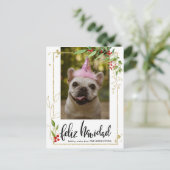 Feliz Navidad | Script Photo Gold Berry Holly Feestdagenkaart (Staand voorkant)