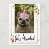 Feliz Navidad | Script Photo Gold Berry Holly Feestdagenkaart (Voorkant)