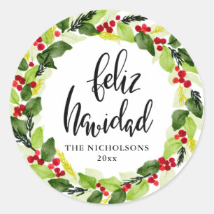 Feliz Navidad Script Red Berry Holiday Wreath Ronde Sticker