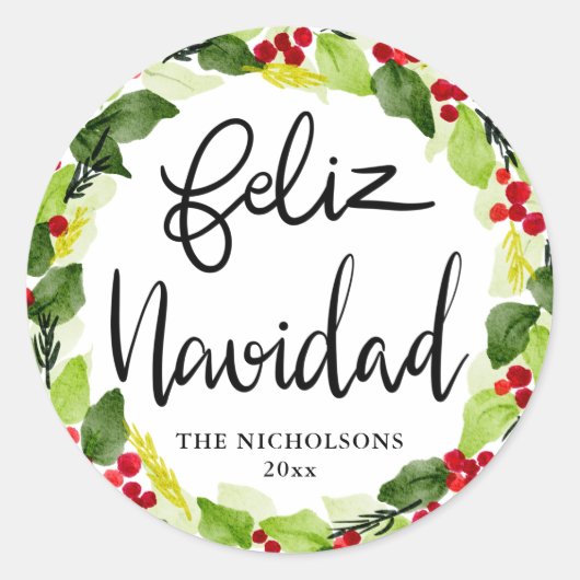 Feliz Navidad Script Red Berry Holly Wreath Ronde Sticker (Voorkant)