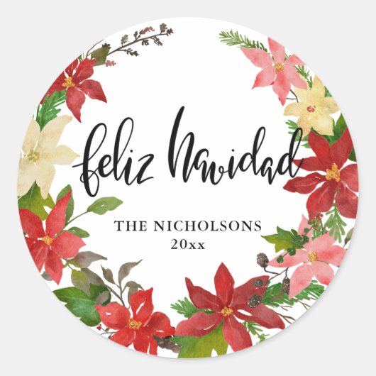 Feliz Navidad Script Red Poinsettia Floral Wreath Ronde Sticker (Voorkant)