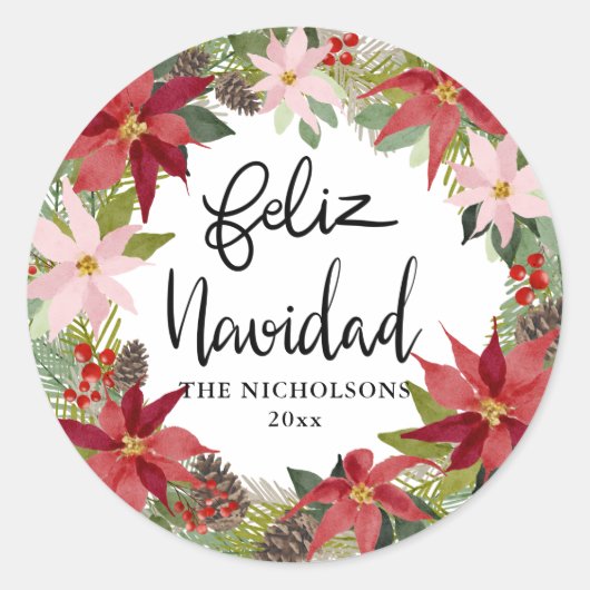 Feliz Navidad Script Red Poinsettia Wreatclassic Ronde Sticker (Voorkant)