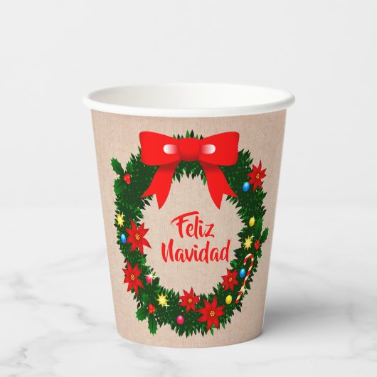 Feliz Navidad set Merry Kerstmis Wreath Bow Papieren Bekers (Achterkant)