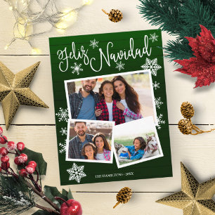 Feliz Navidad Sneeuwvlok Rustiek 3 foto's Kerstmis Briefkaart