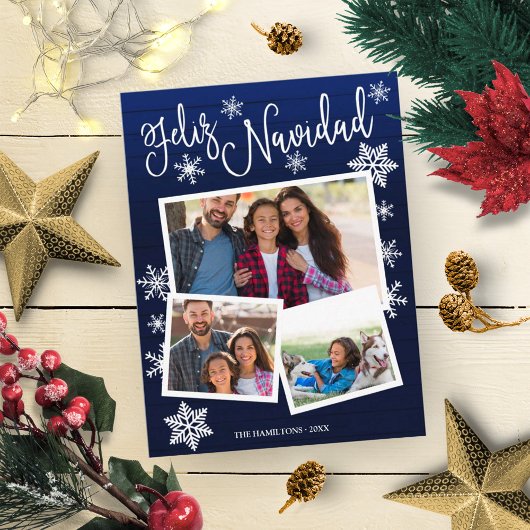 Feliz Navidad Snowflake Rustic 3 Foto's Kerstmis Briefkaart