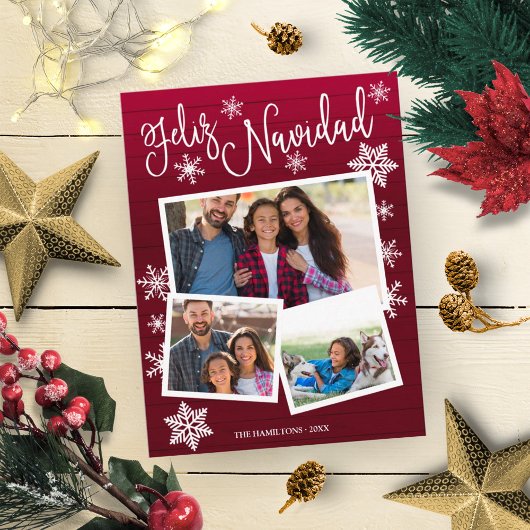Feliz Navidad Snowflake Rustic 3 Foto's Kerstmis Briefkaart
